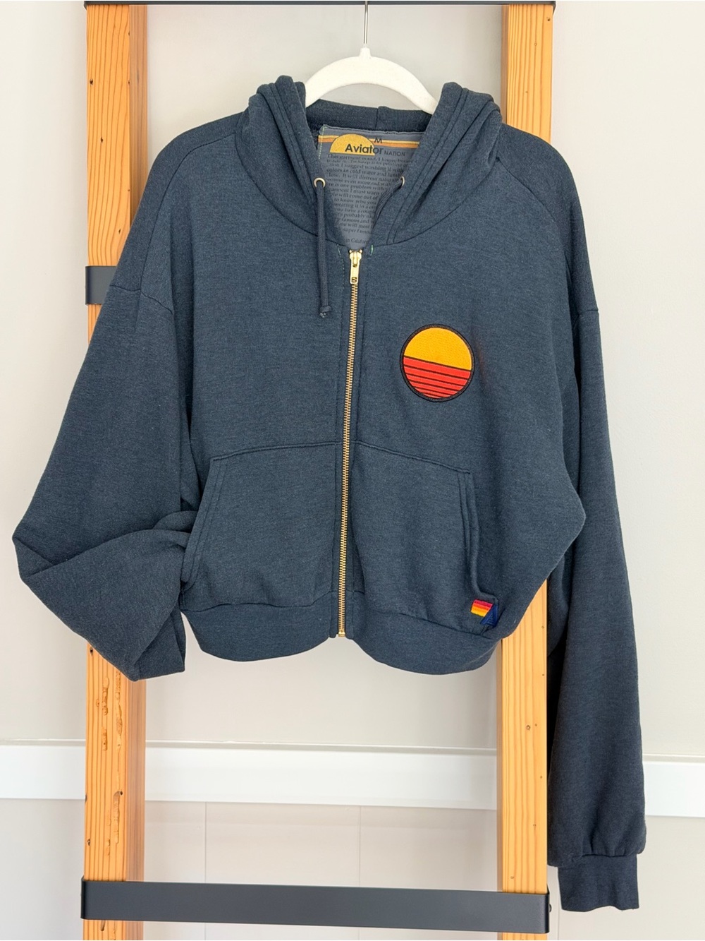 Aviator Nation Cropped Navy Zip Hoodie with Sunset Patch
